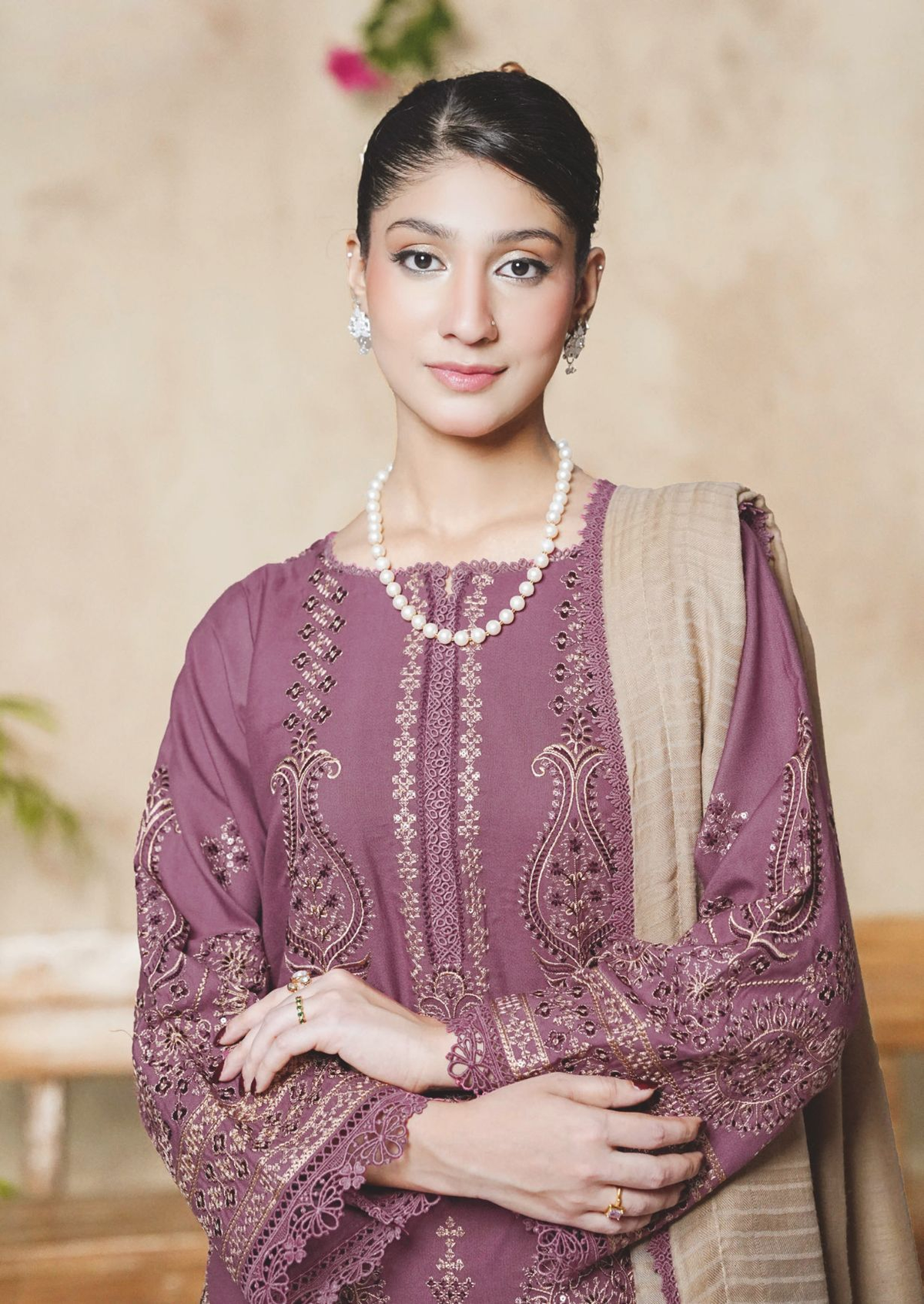Luxury Embroidered Winter Suit with Jacquard Wool Shawl