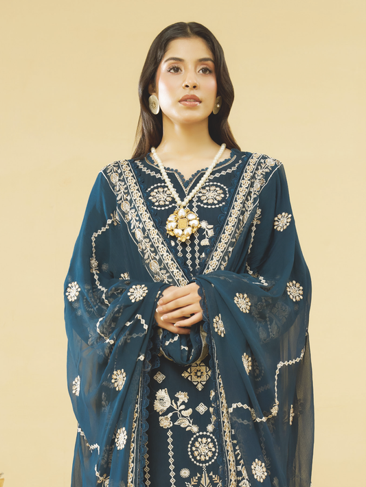 Designer Embroidered Silk Viscose 3 Piece with Bamber Chiffon Dupatta