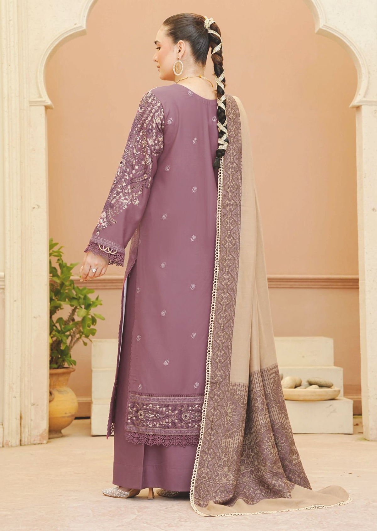 Embroidered Winter Luxury Suit with Jacquard Wool Shawl