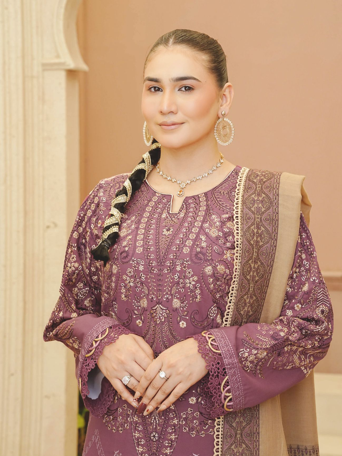 Embroidered Winter Luxury Suit with Jacquard Wool Shawl