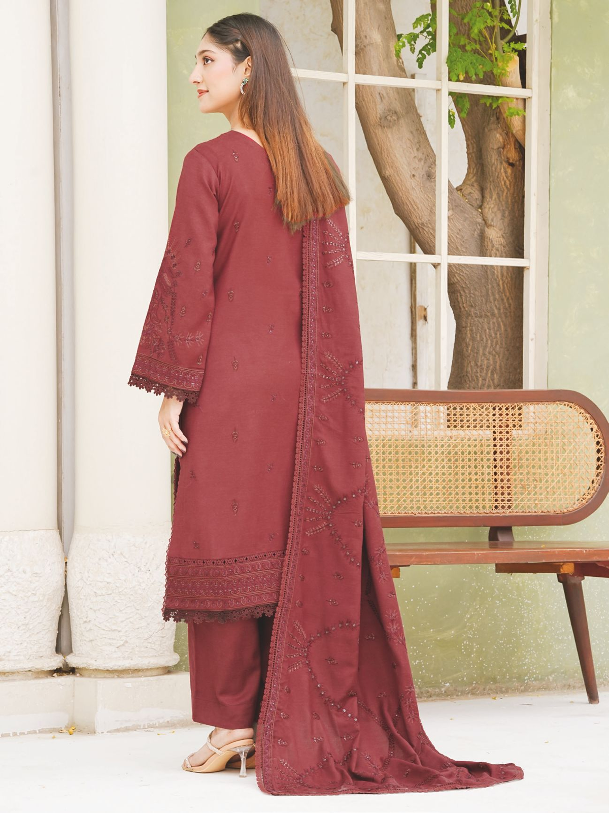 Embroidered Peach Leather Suit with Embroidered Luxury Wool Shawl