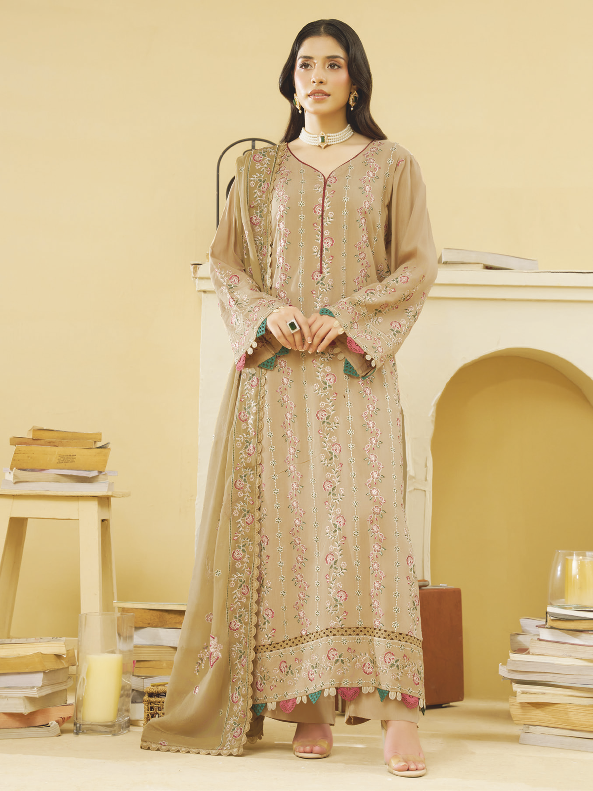 Luxury Embroidered Silk Viscose with Embroidered Bamber Chiffon Dupatta