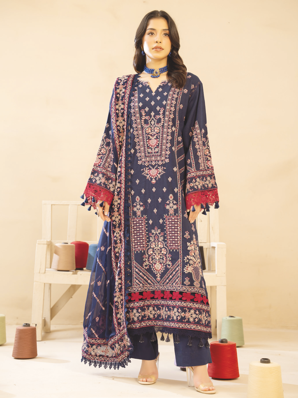 Premium Embroidered Karandi 3 Piece Suit | Resham Embroidery with Bamber Chiffon Dupatta