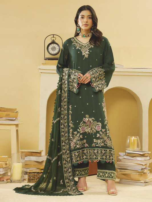 Designer Embroidered Silk Viscose Dress | Premium Bamber Chiffon Dupatta | Pakistani Winter Fashion