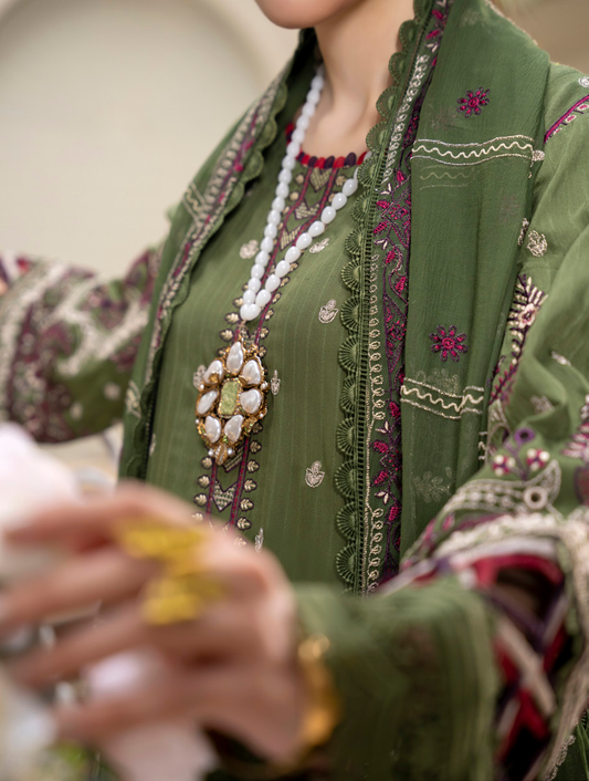 Olive Green Embroidered Silk Viscose 3 Piece Suit with Bamber Chiffon Dupatta