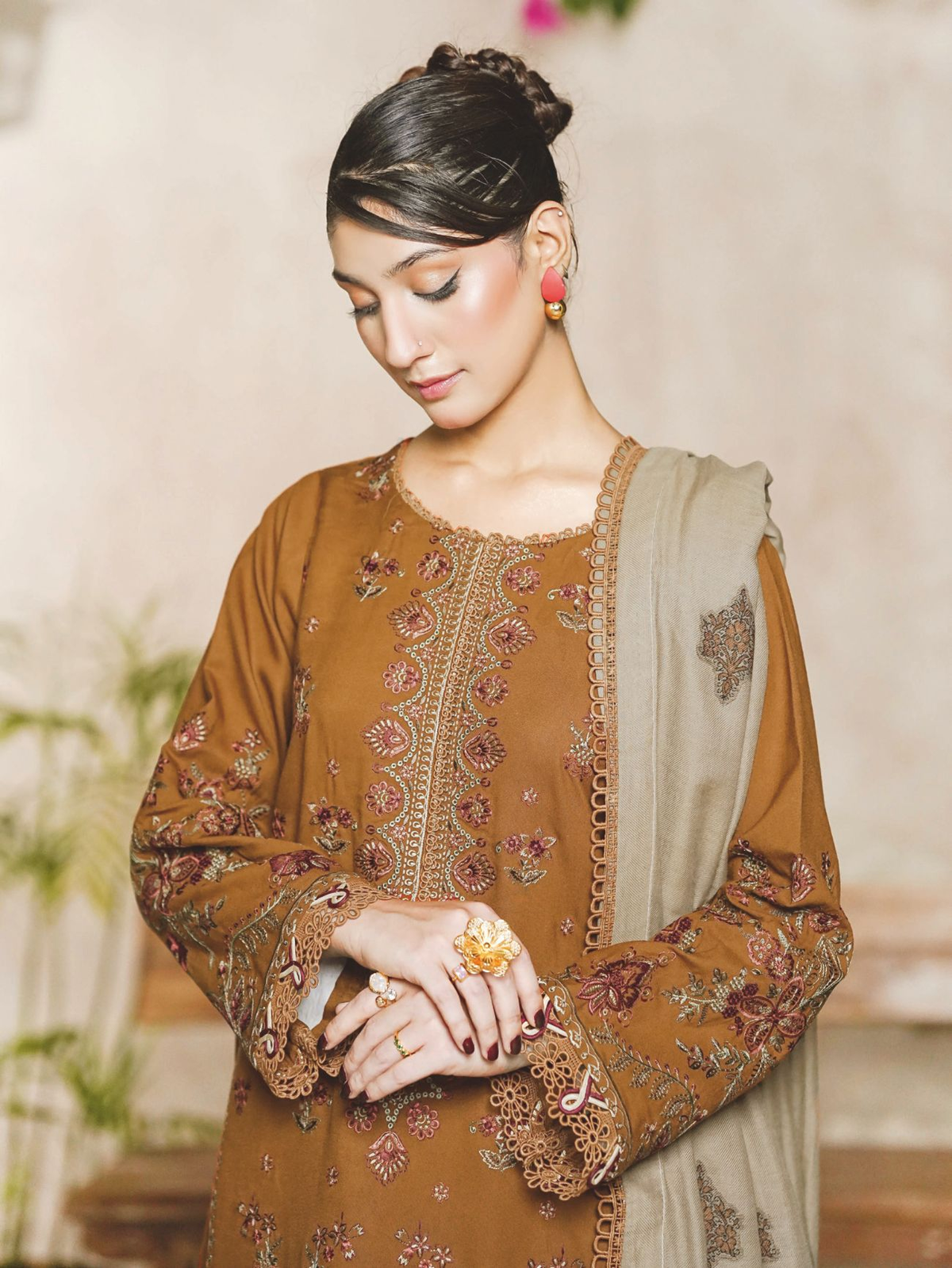 Embroidered Luxury Winter Suit with Premium Jacquard Wool Shawl