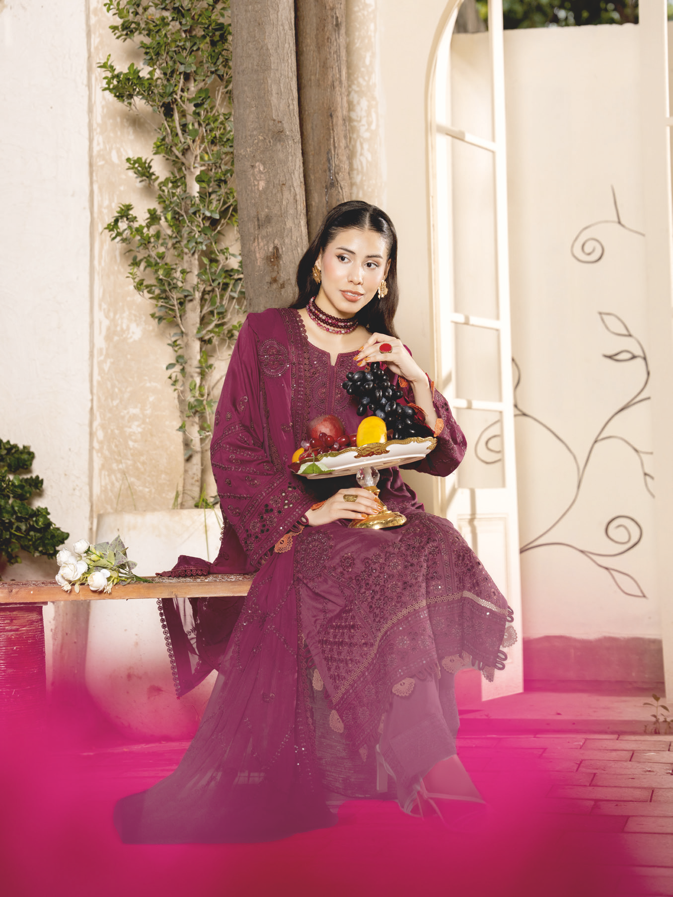 Luxury Embroidered Silk Viscose 3-Piece Suit with Bamber Chiffon Dupatta