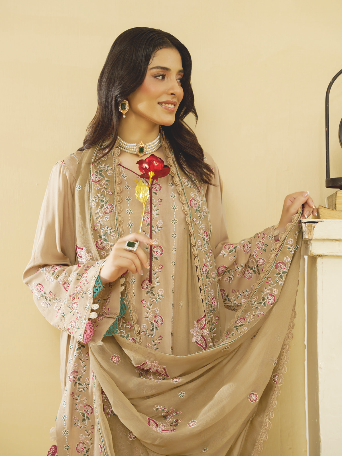 Luxury Embroidered Silk Viscose with Embroidered Bamber Chiffon Dupatta