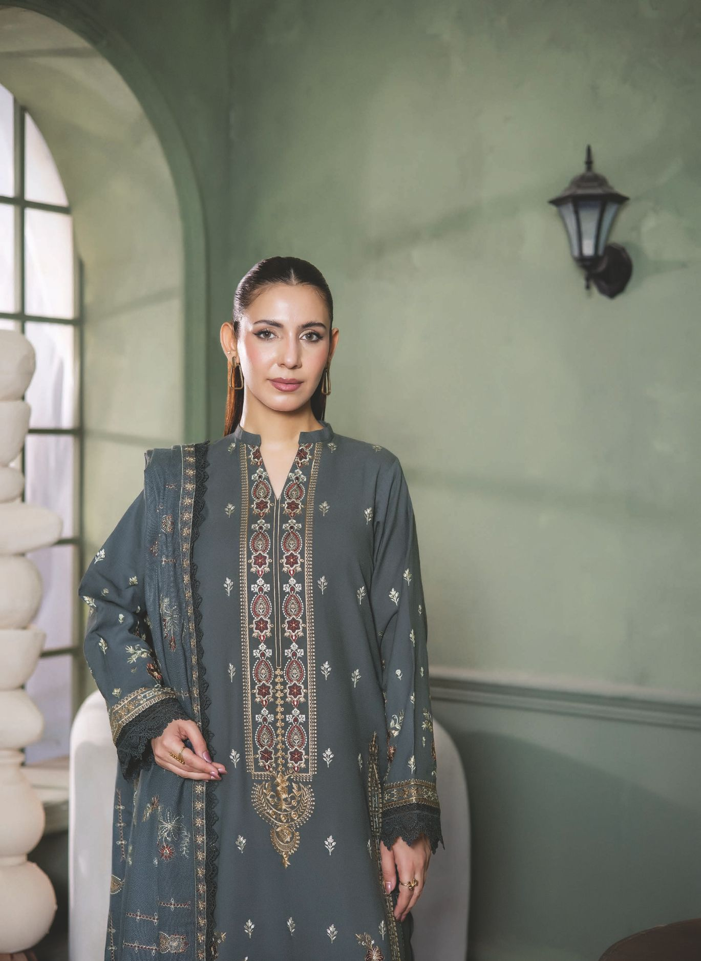 Classic Embroidered Winter Wear with Shawl
