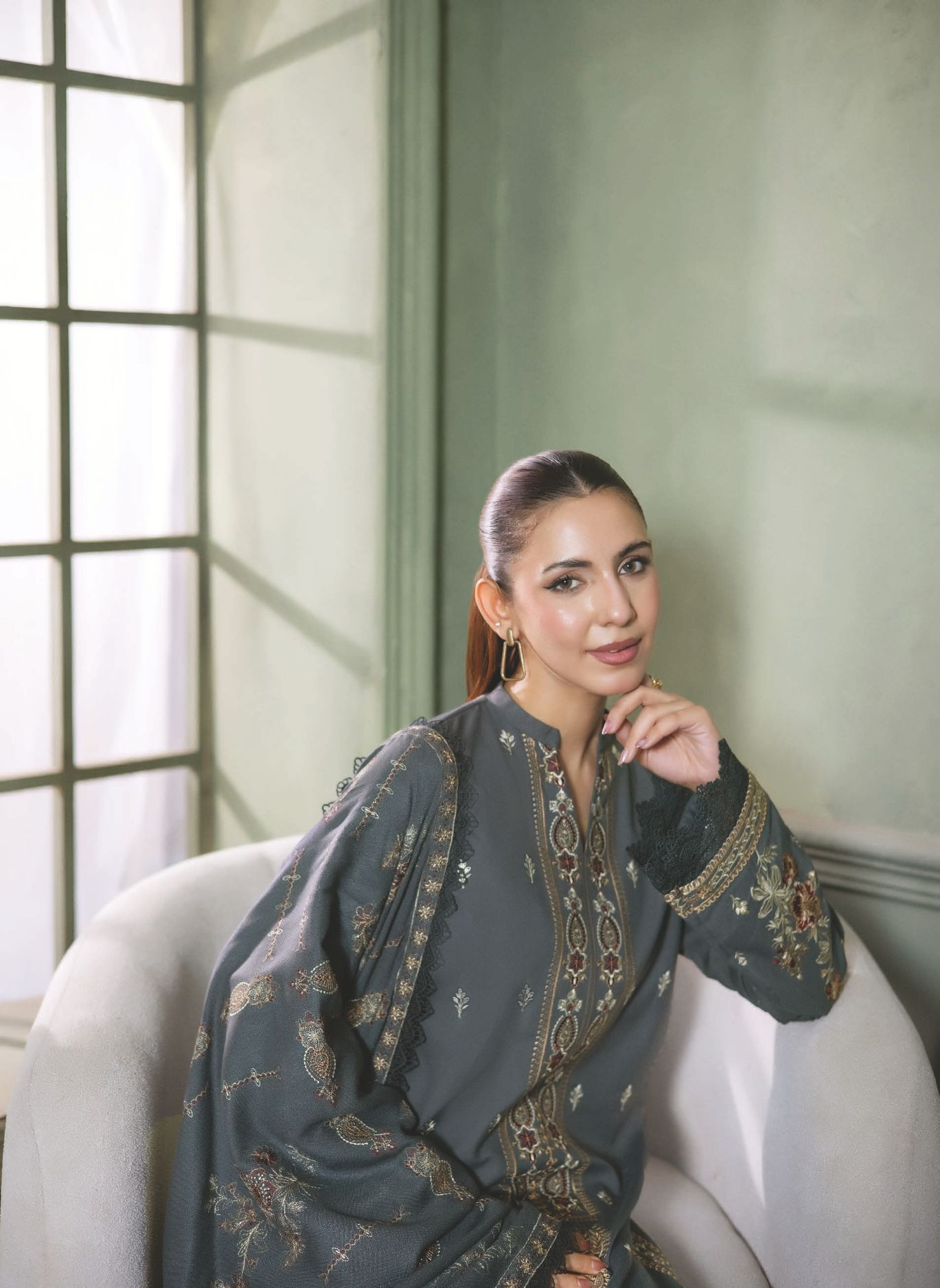 Classic Embroidered Winter Wear with Shawl