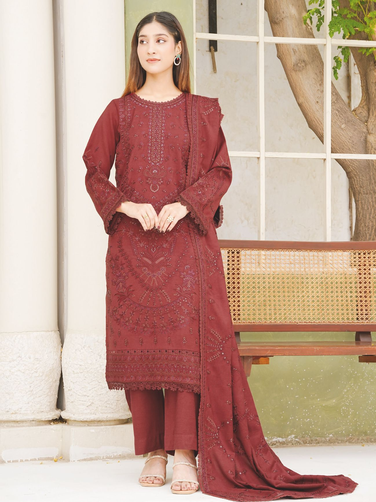 Embroidered Peach Leather Suit with Embroidered Luxury Wool Shawl