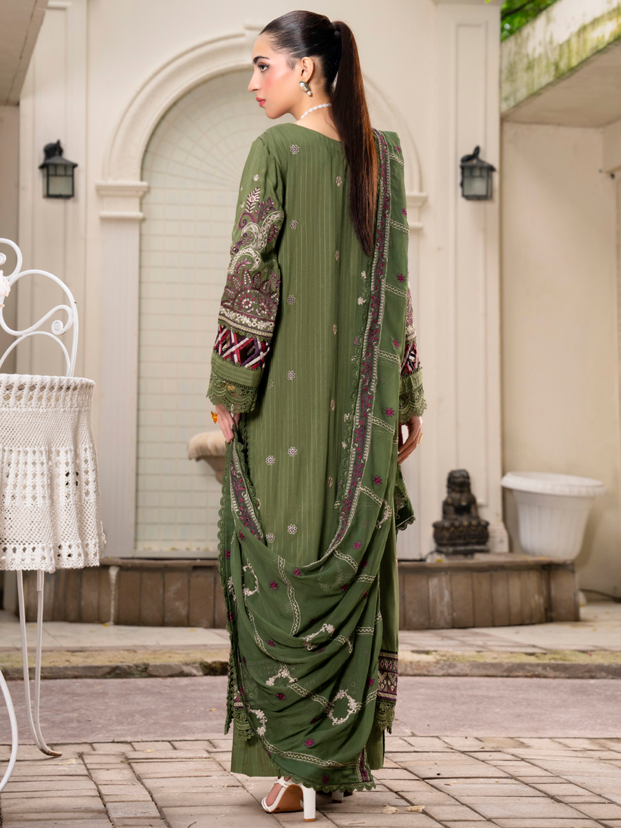 Olive Green Embroidered Silk Viscose 3 Piece Suit with Bamber Chiffon Dupatta