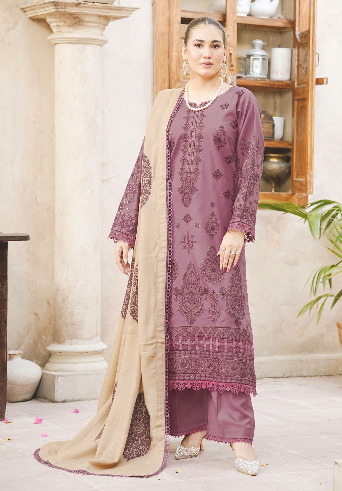 Embroidered Winter Collection with Jacquard Luxury Wool Shawl
