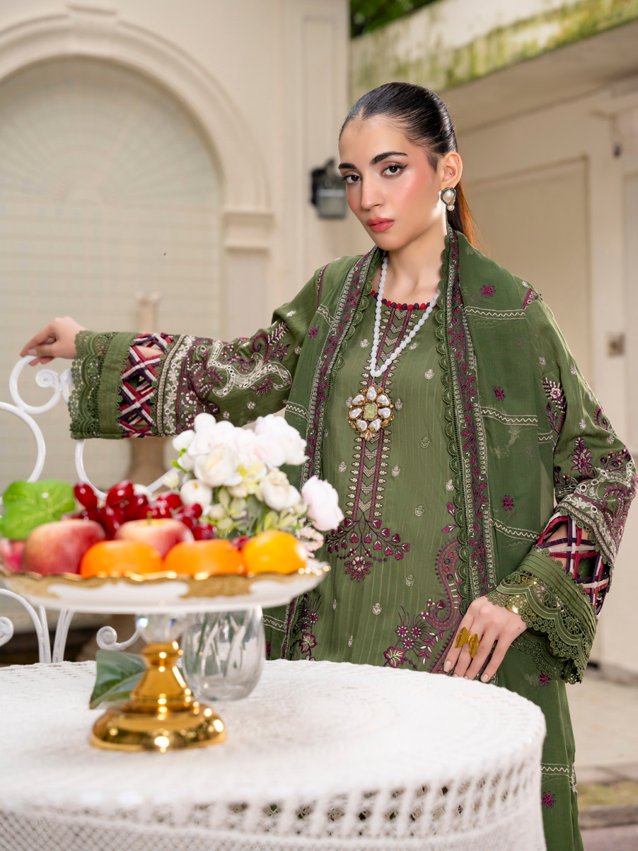 Olive Green Embroidered Silk Viscose 3 Piece Suit with Bamber Chiffon Dupatta
