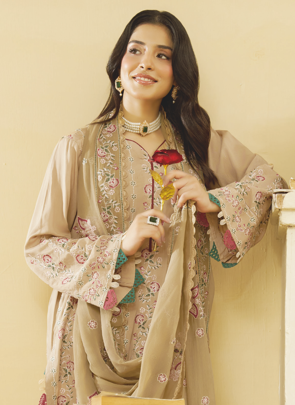 Luxury Embroidered Silk Viscose with Embroidered Bamber Chiffon Dupatta