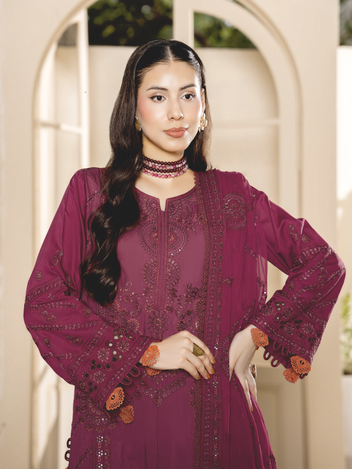 Luxury Embroidered Silk Viscose 3-Piece Suit with Bamber Chiffon Dupatta