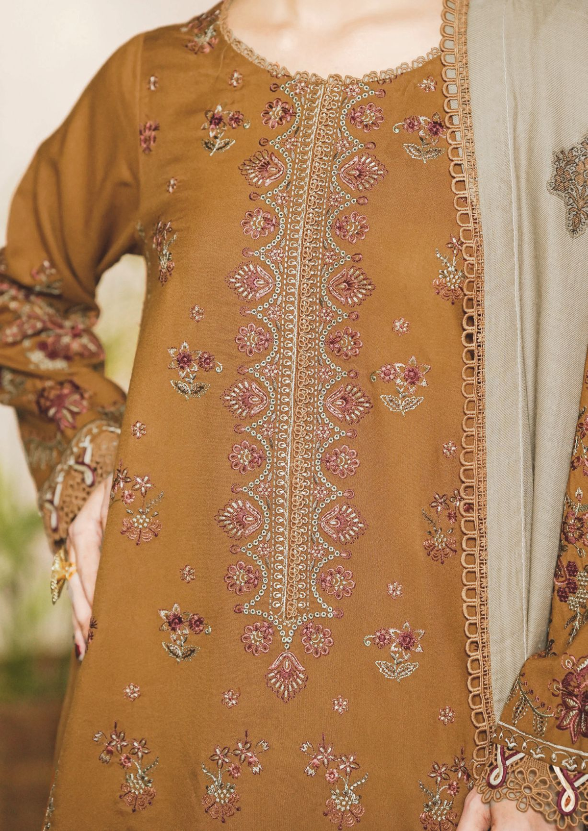 Embroidered Luxury Winter Suit with Premium Jacquard Wool Shawl