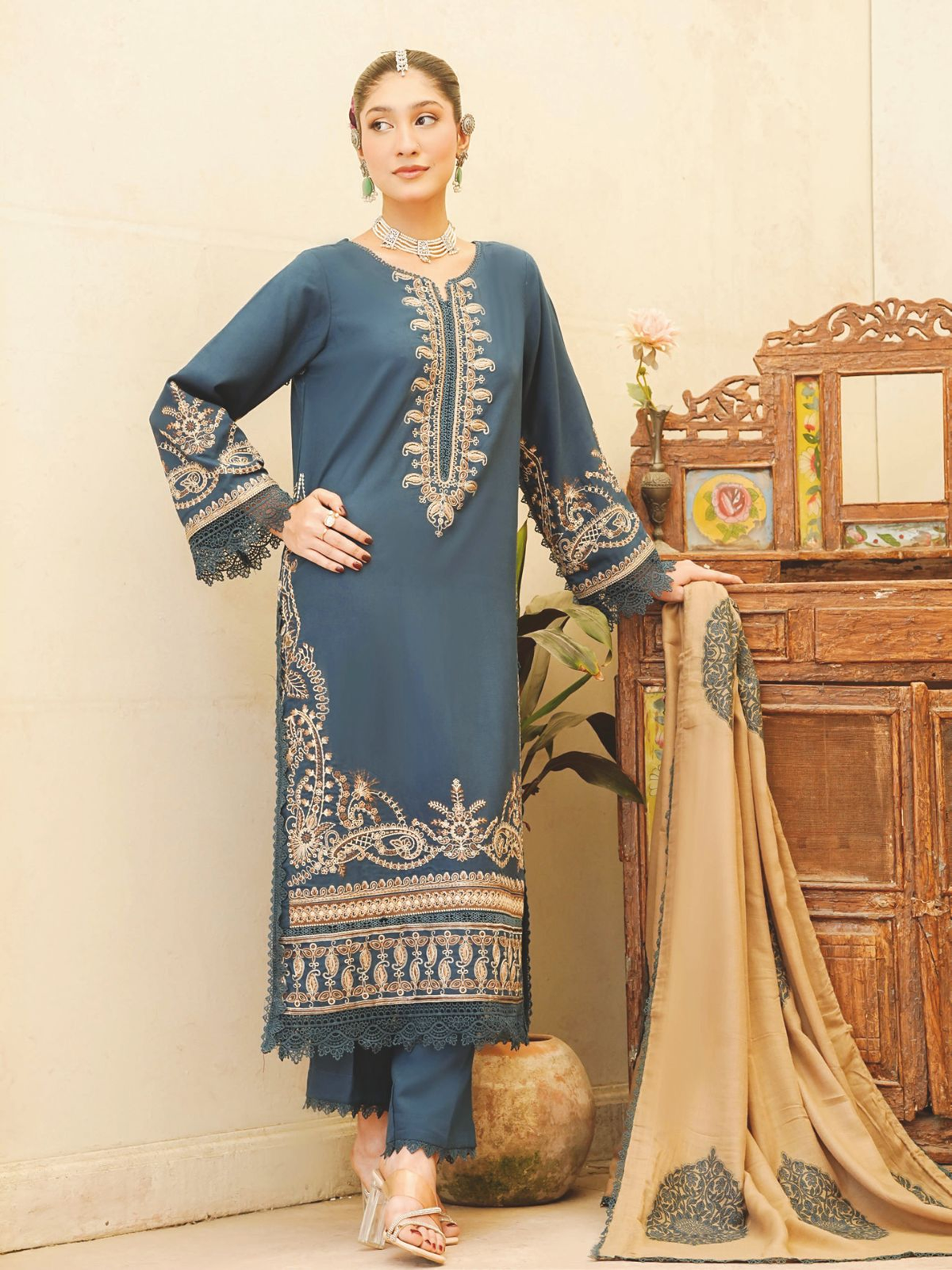 Elegant Embroidered Winter Collection with Jacquard Wool Shawl