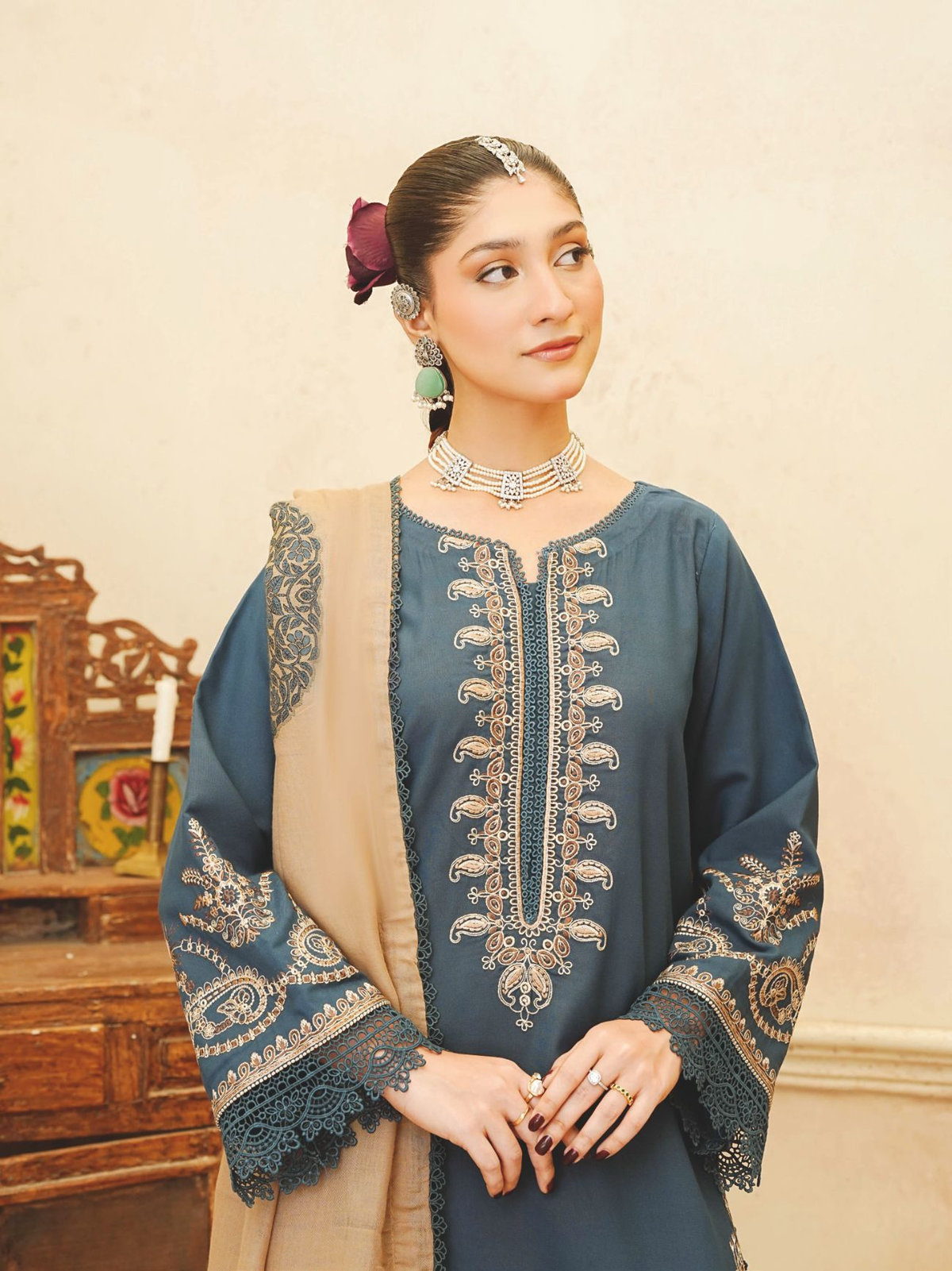 Elegant Embroidered Winter Collection with Jacquard Wool Shawl