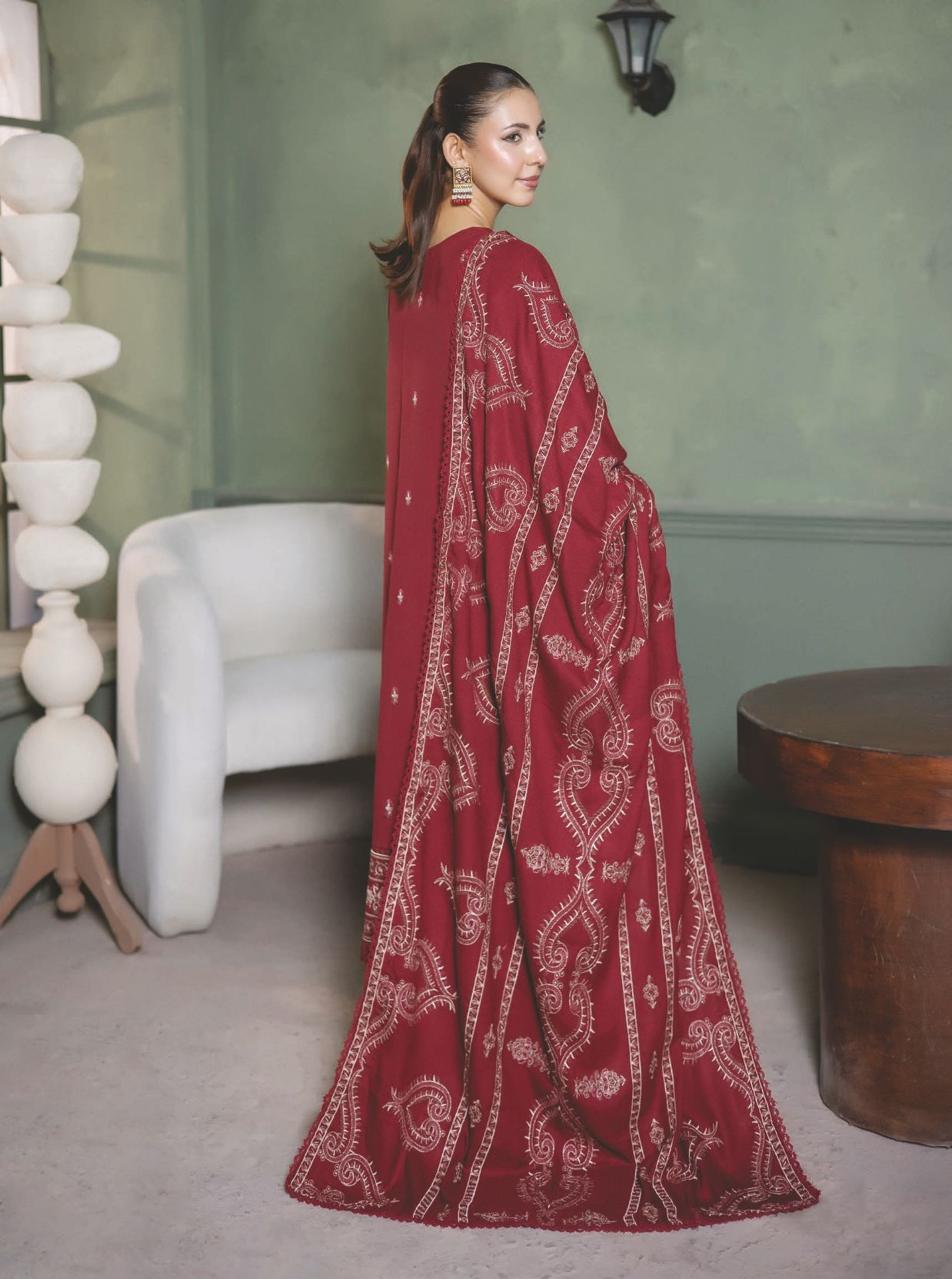 Elegant Embroidered Winter Suit with Shawl