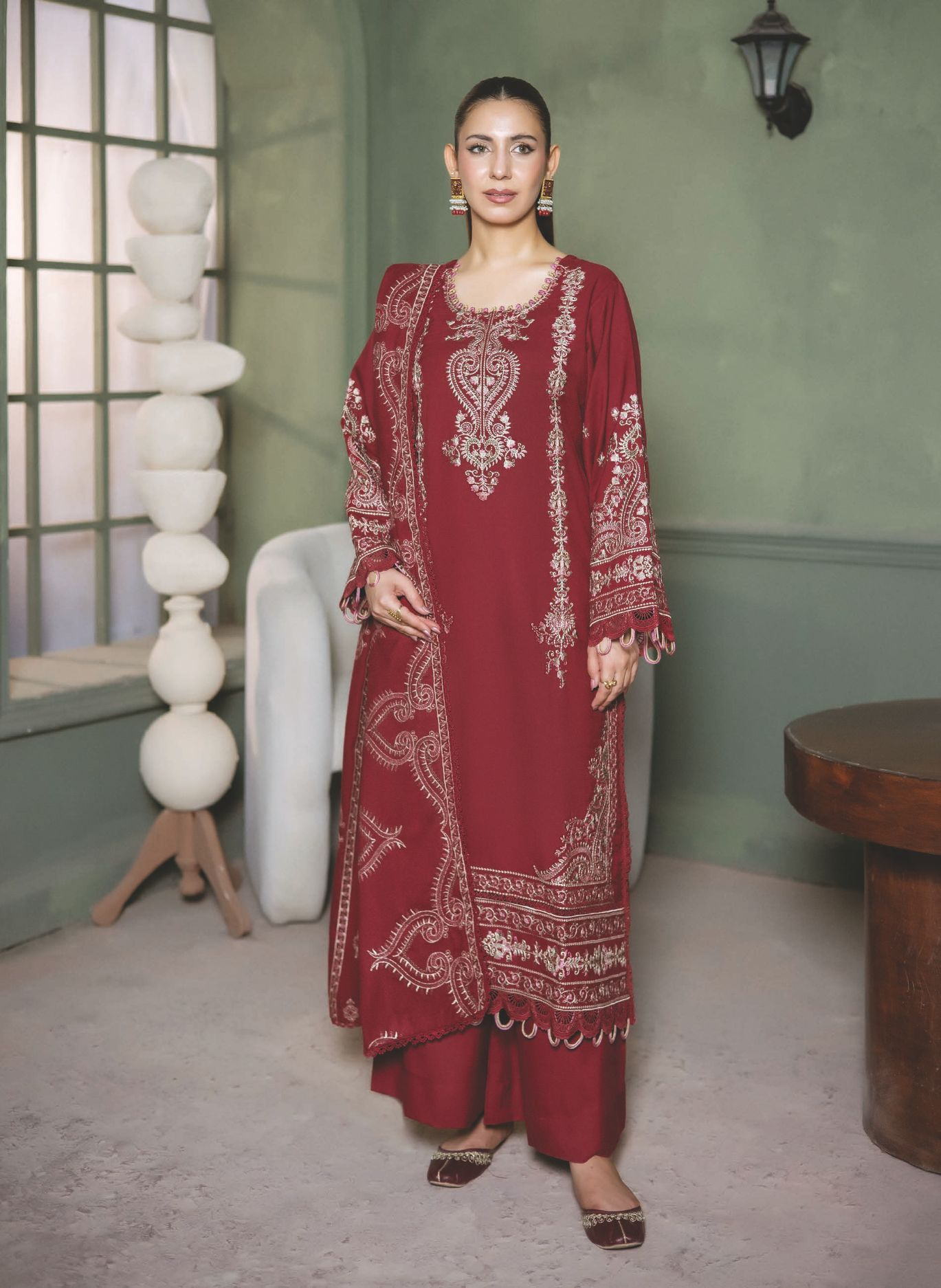 Elegant Embroidered Winter Suit with Shawl