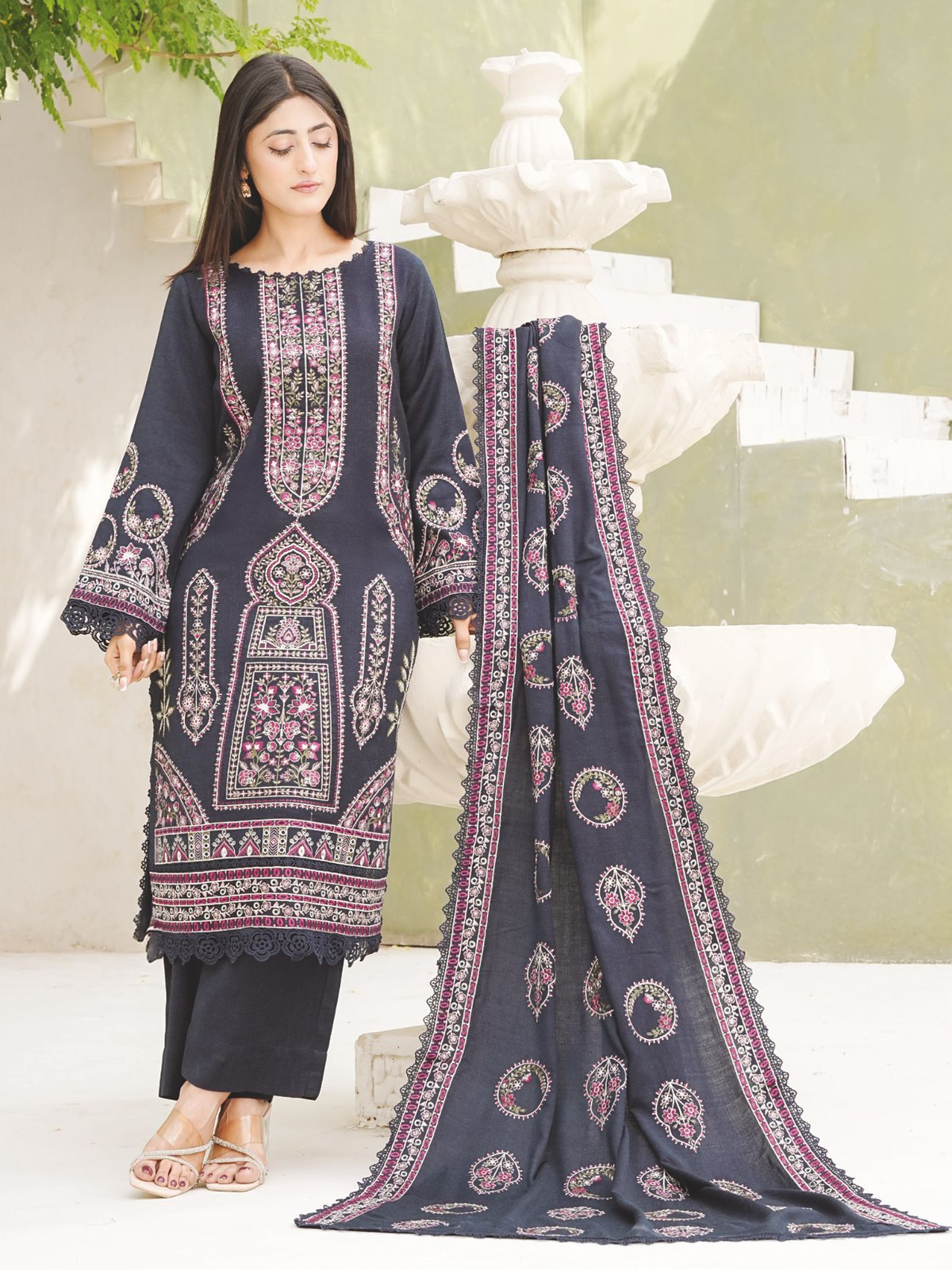 Premium Winter Peach Leather Suit with Embroidered Wool Shawl