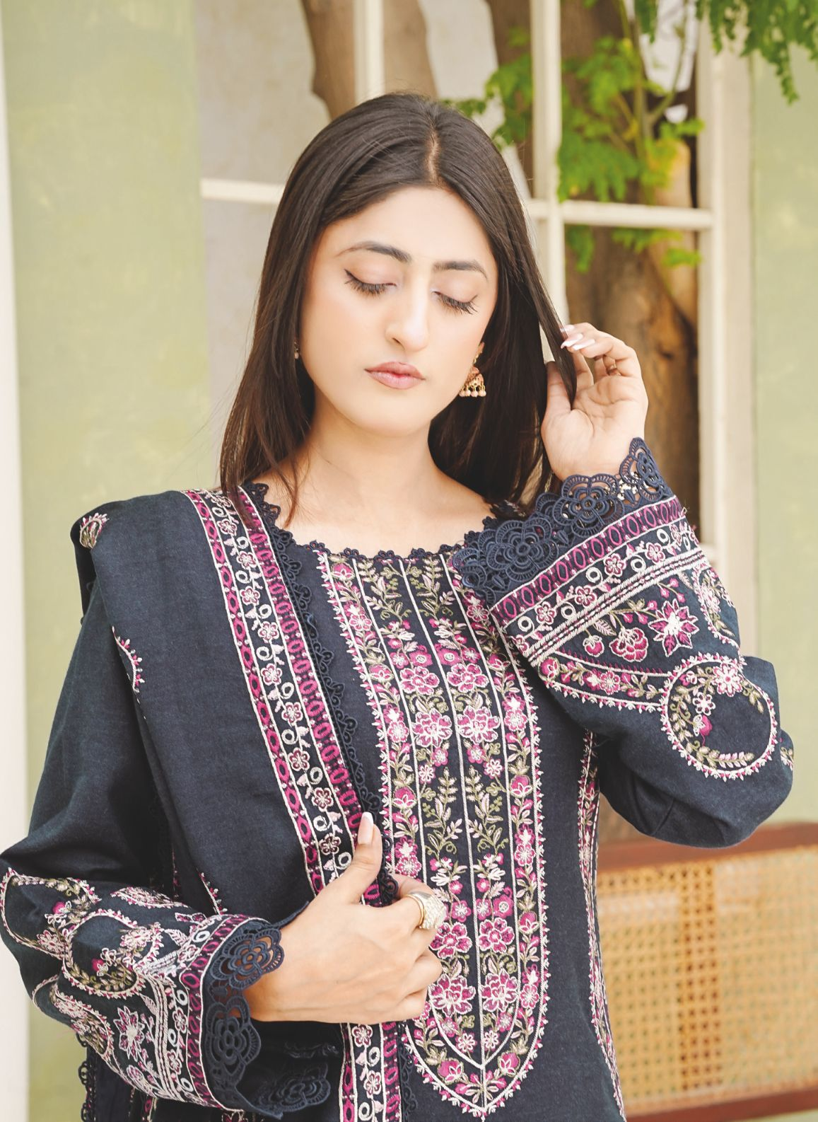 Premium Winter Peach Leather Suit with Embroidered Wool Shawl