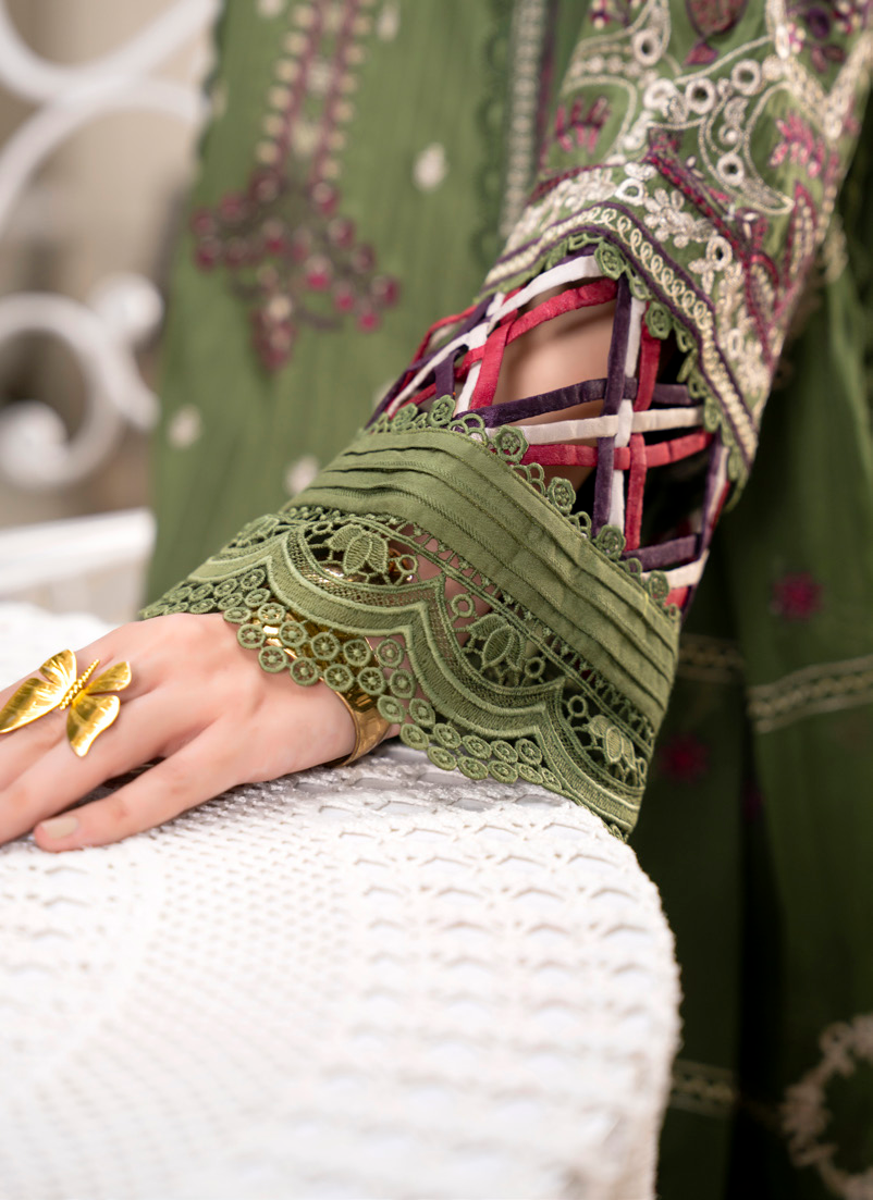 Olive Green Embroidered Silk Viscose 3 Piece Suit with Bamber Chiffon Dupatta