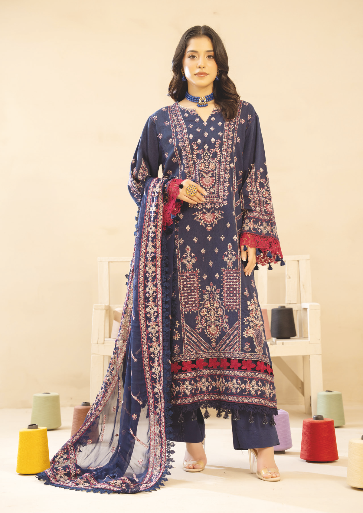Premium Embroidered Karandi 3 Piece Suit | Resham Embroidery with Bamber Chiffon Dupatta