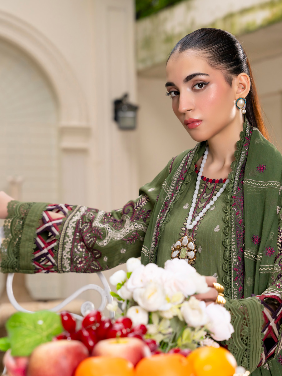 Olive Green Embroidered Silk Viscose 3 Piece Suit with Bamber Chiffon Dupatta