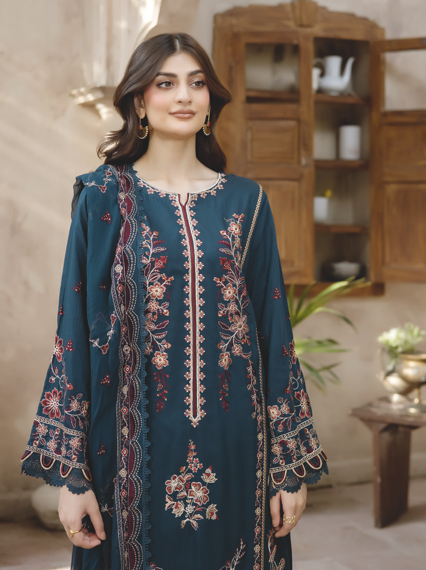 Elegant Embroidered Silk Viscose with Luxury Bamber Chiffon Dupatta