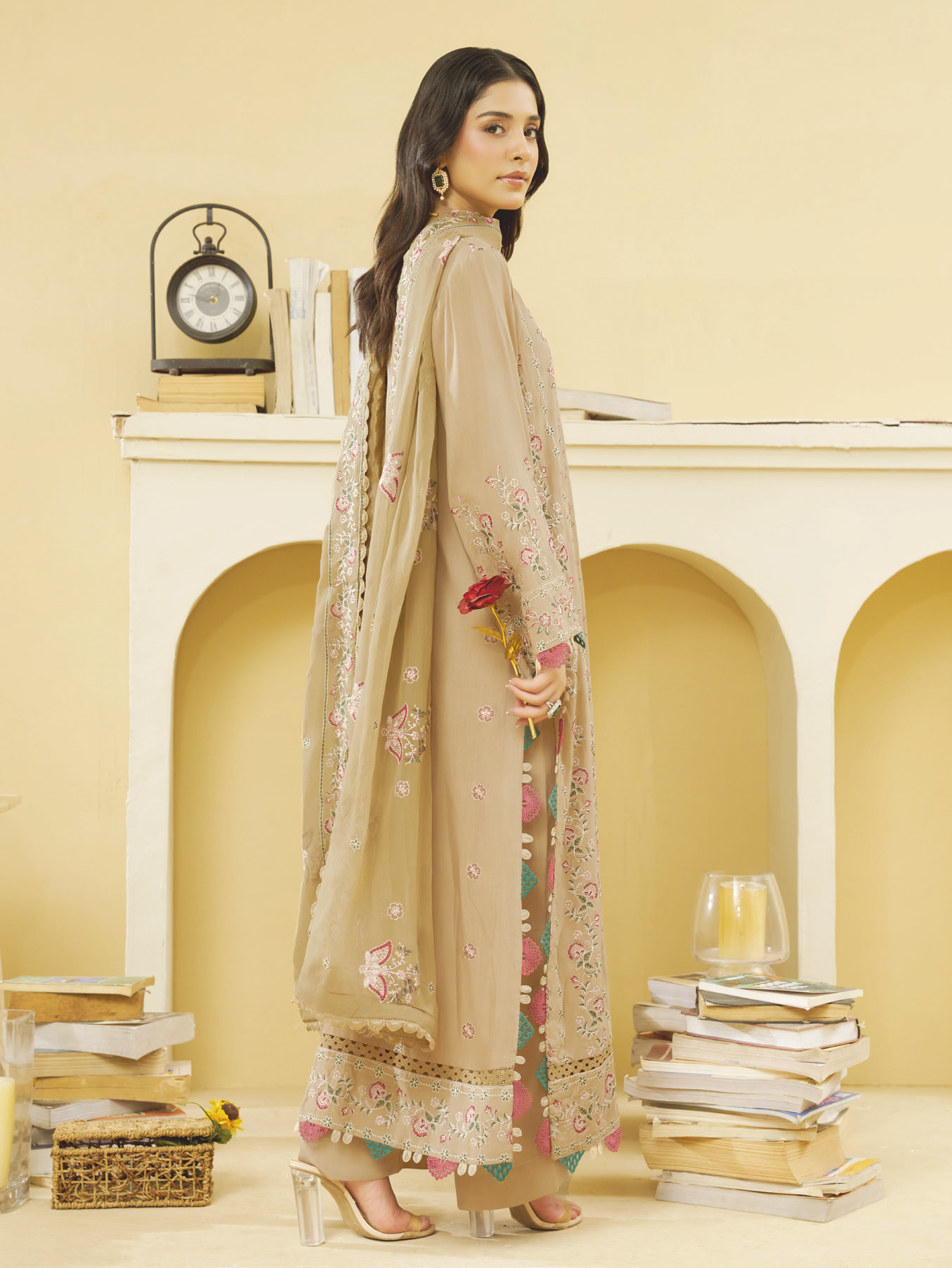 Luxury Embroidered Silk Viscose with Embroidered Bamber Chiffon Dupatta