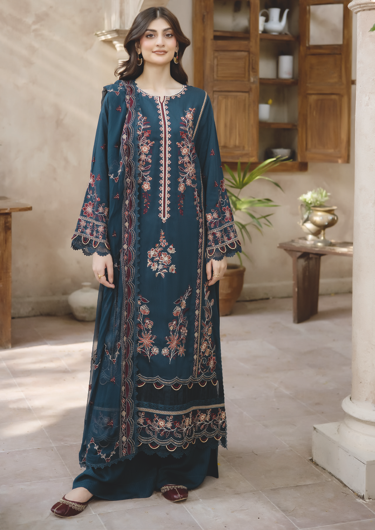 Elegant Embroidered Silk Viscose with Luxury Bamber Chiffon Dupatta