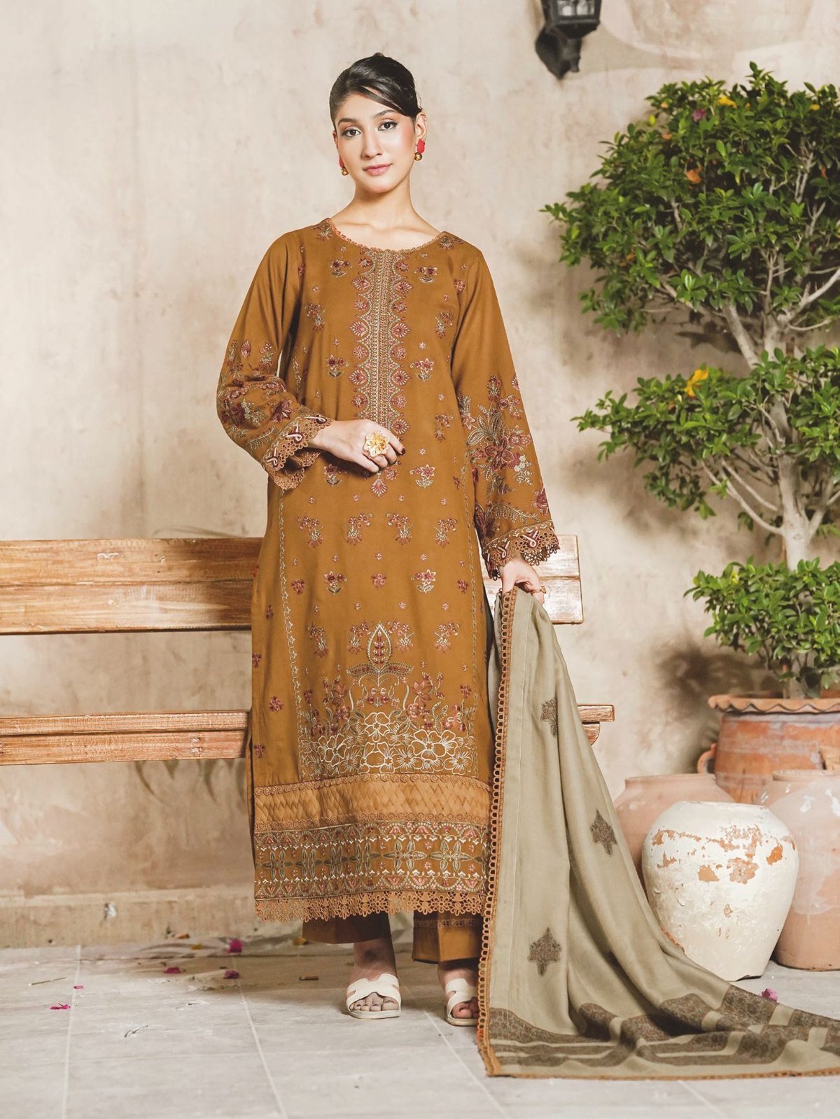 Embroidered Luxury Winter Suit with Premium Jacquard Wool Shawl