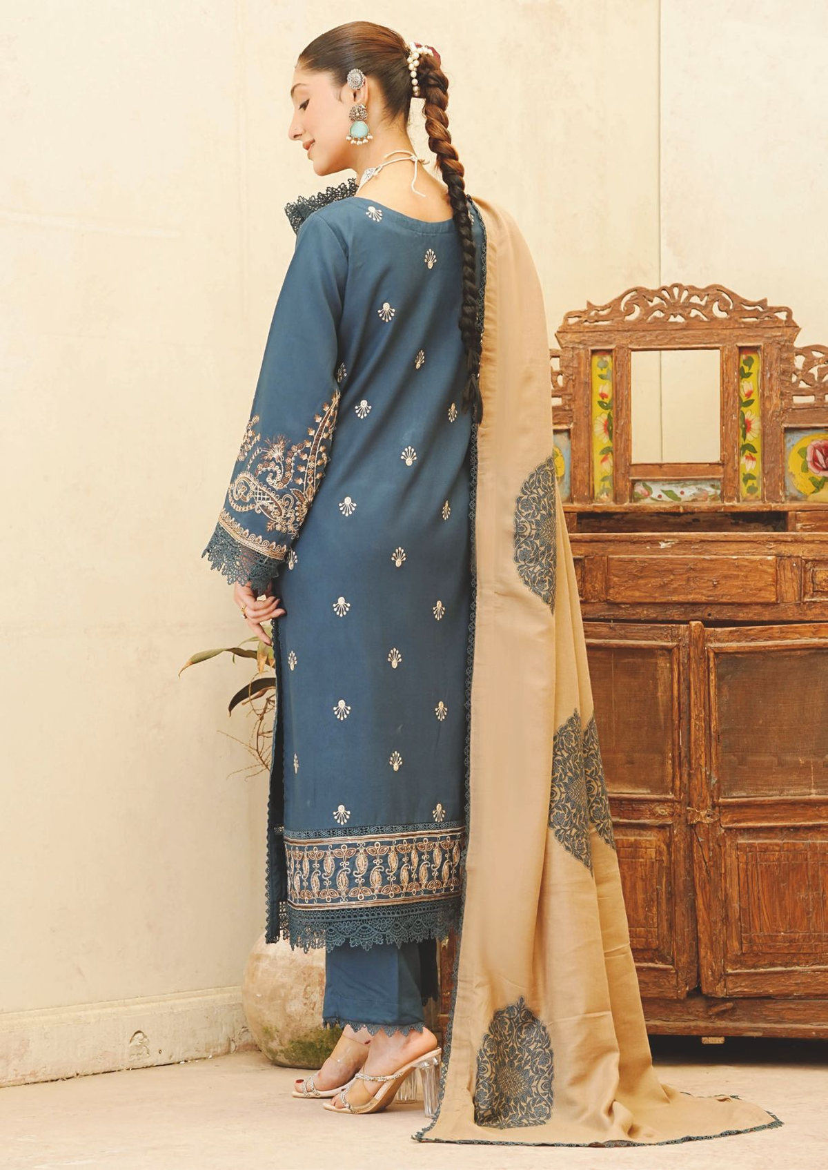 Elegant Embroidered Winter Collection with Jacquard Wool Shawl