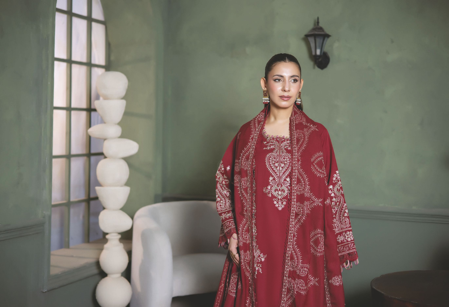Elegant Embroidered Winter Suit with Shawl