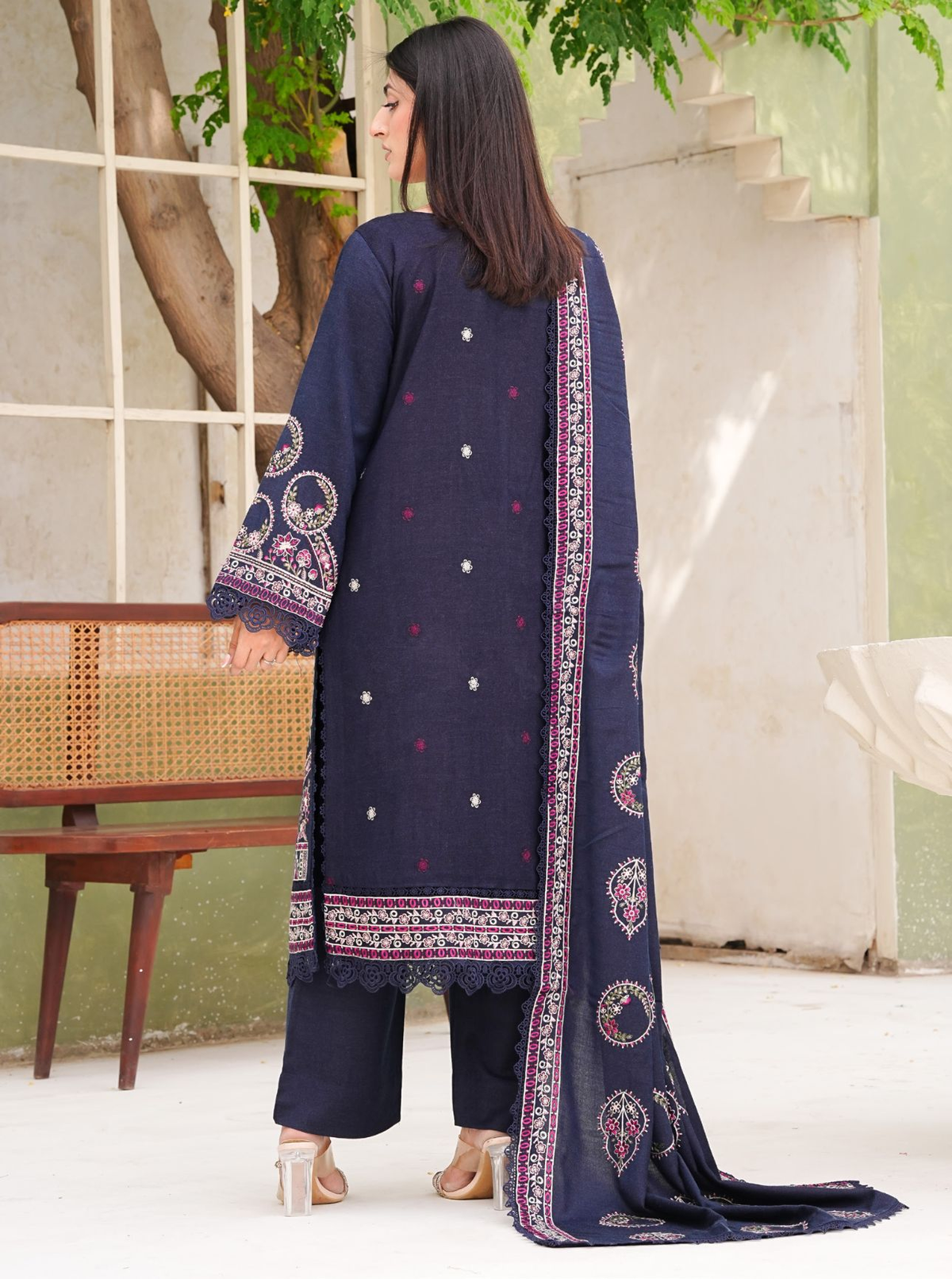 Premium Winter Peach Leather Suit with Embroidered Wool Shawl