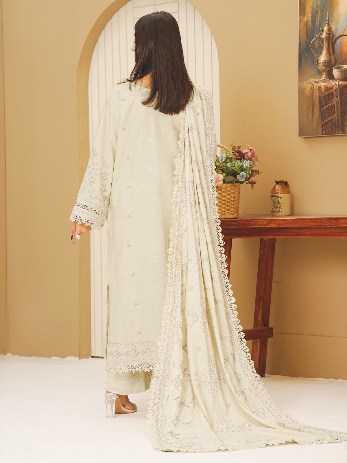 Luxury Peach Leather Winter Suit with Intricate Embroidery