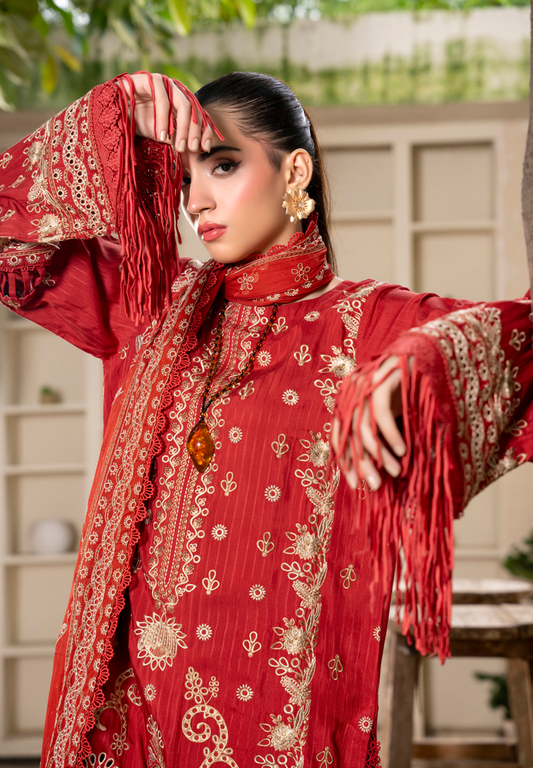 Red Embroidered Silk Viscose 3 Piece Suit with Bamber Chiffon Dupatta