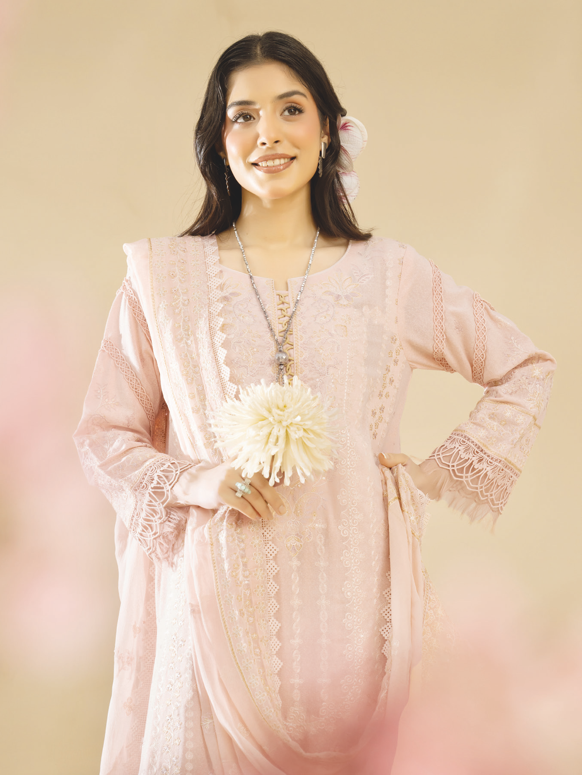 Luxury Resham Embroidered Karandi Dress | Embroidered Bamber Chiffon Dupatta | Winter Wear