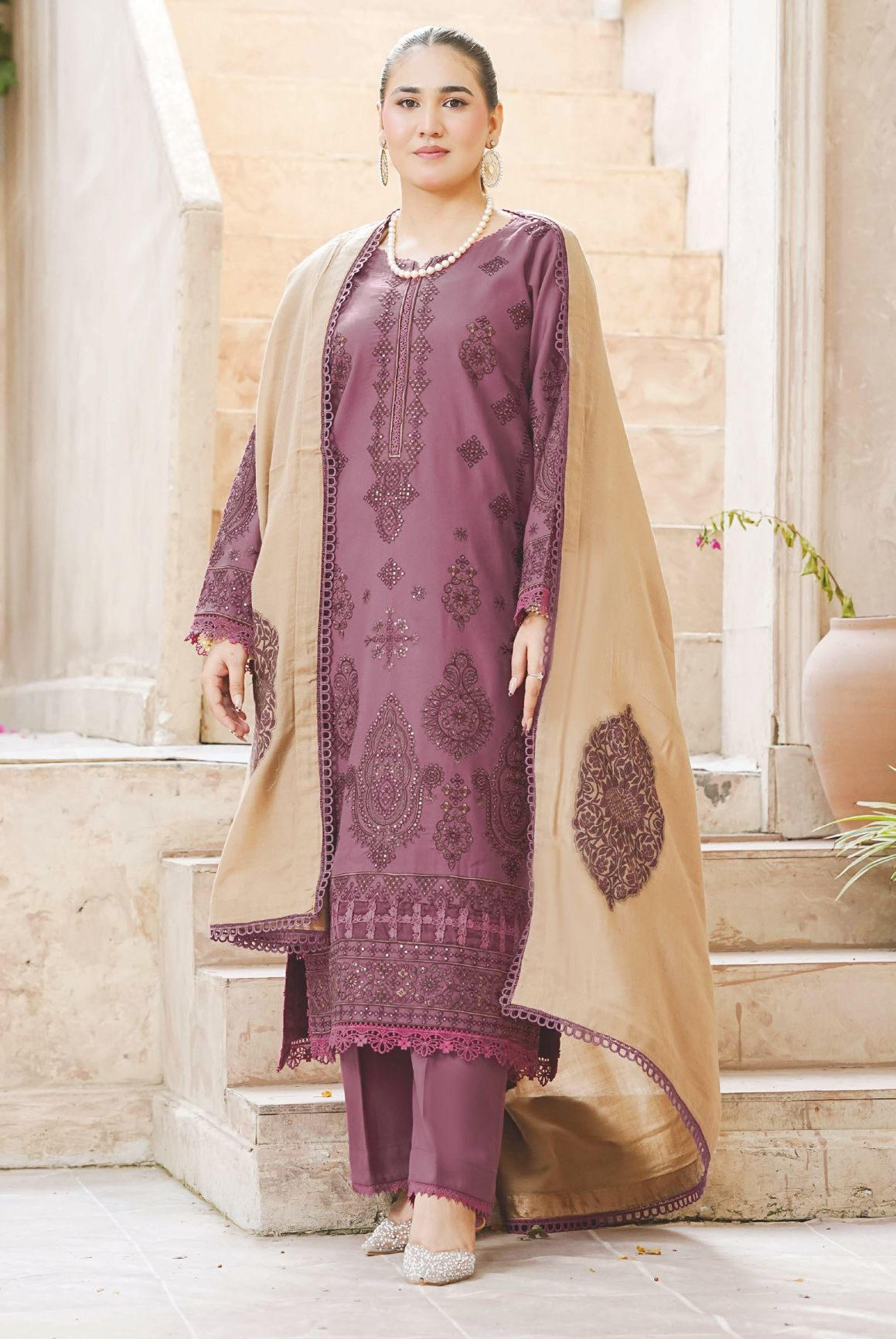 Embroidered Winter Collection with Jacquard Luxury Wool Shawl