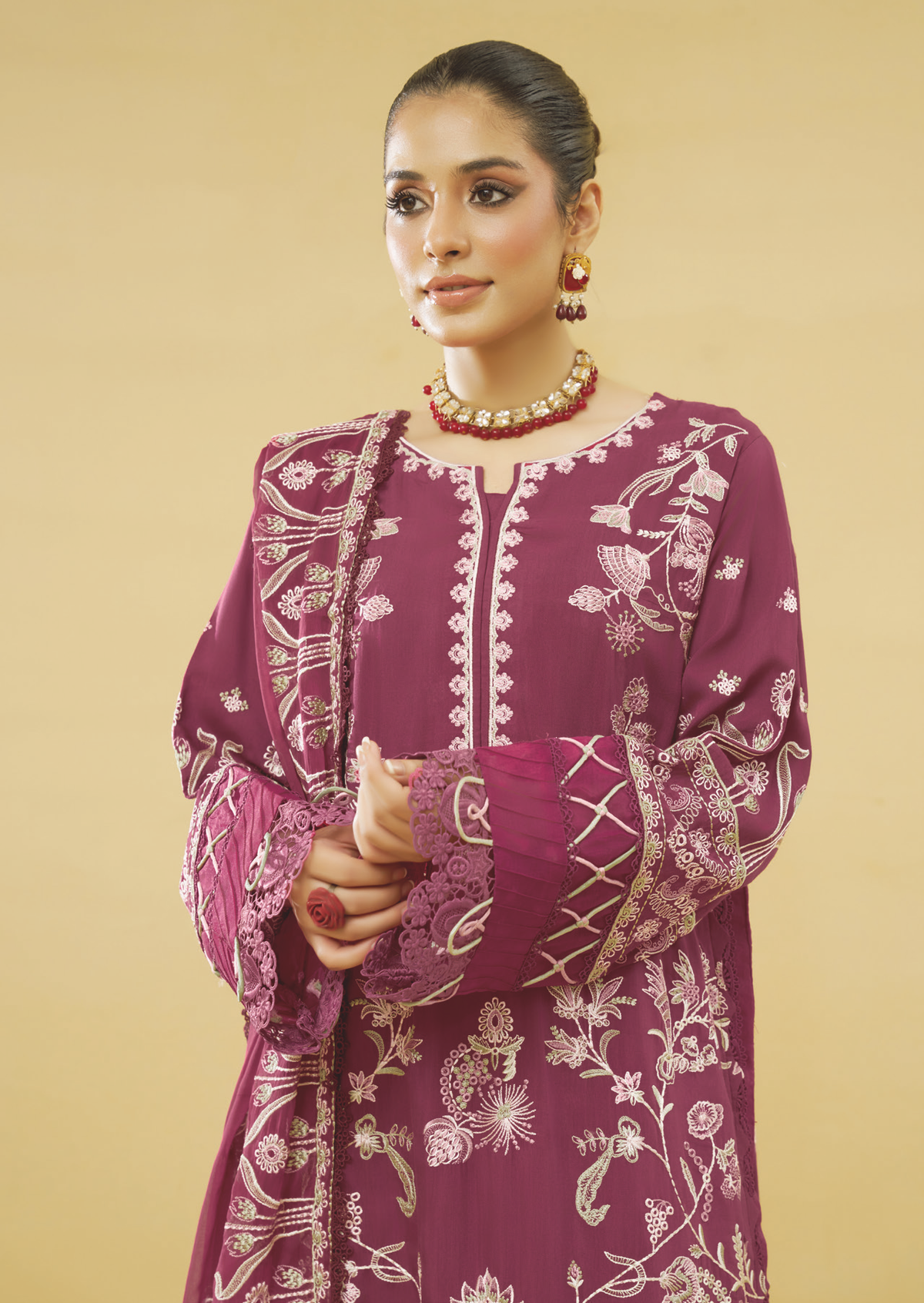 Embroidered Silk Viscose 3 Piece Suit with Embroidered Bamber Chiffon Dupatta
