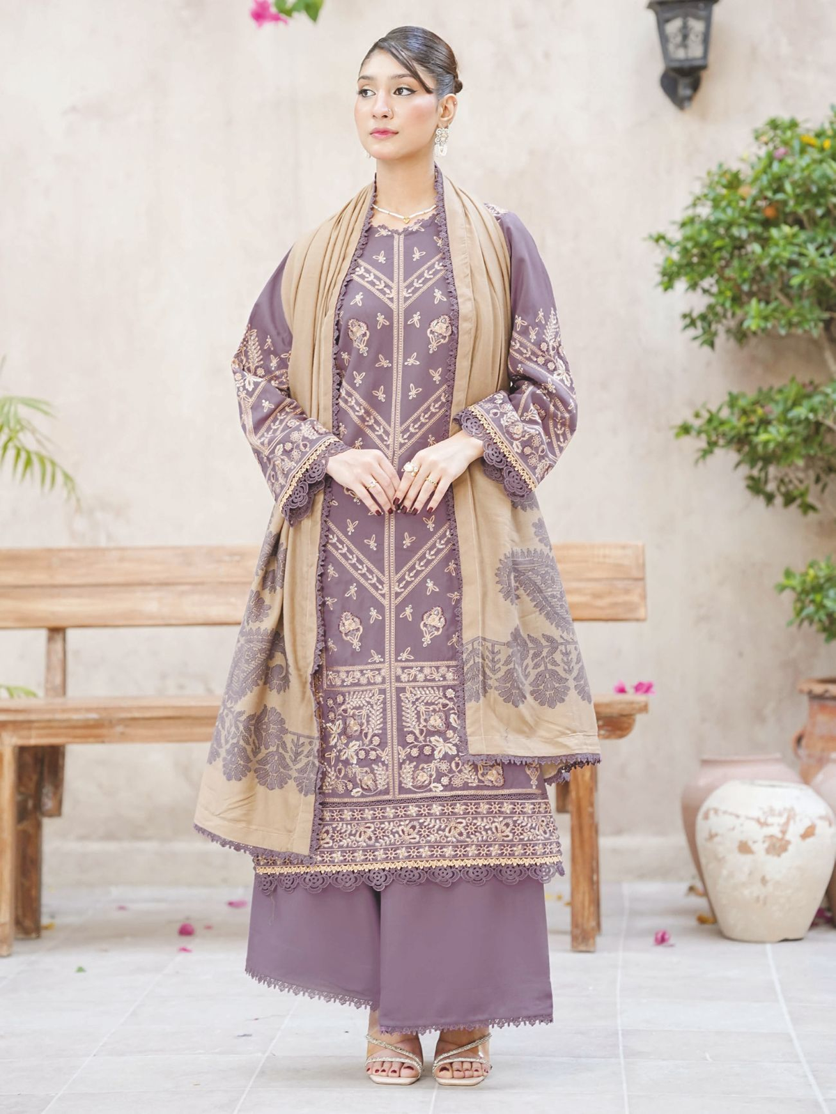 Designer Embroidered Winter 3-Piece with Jacquard Luxury Wool Shawl