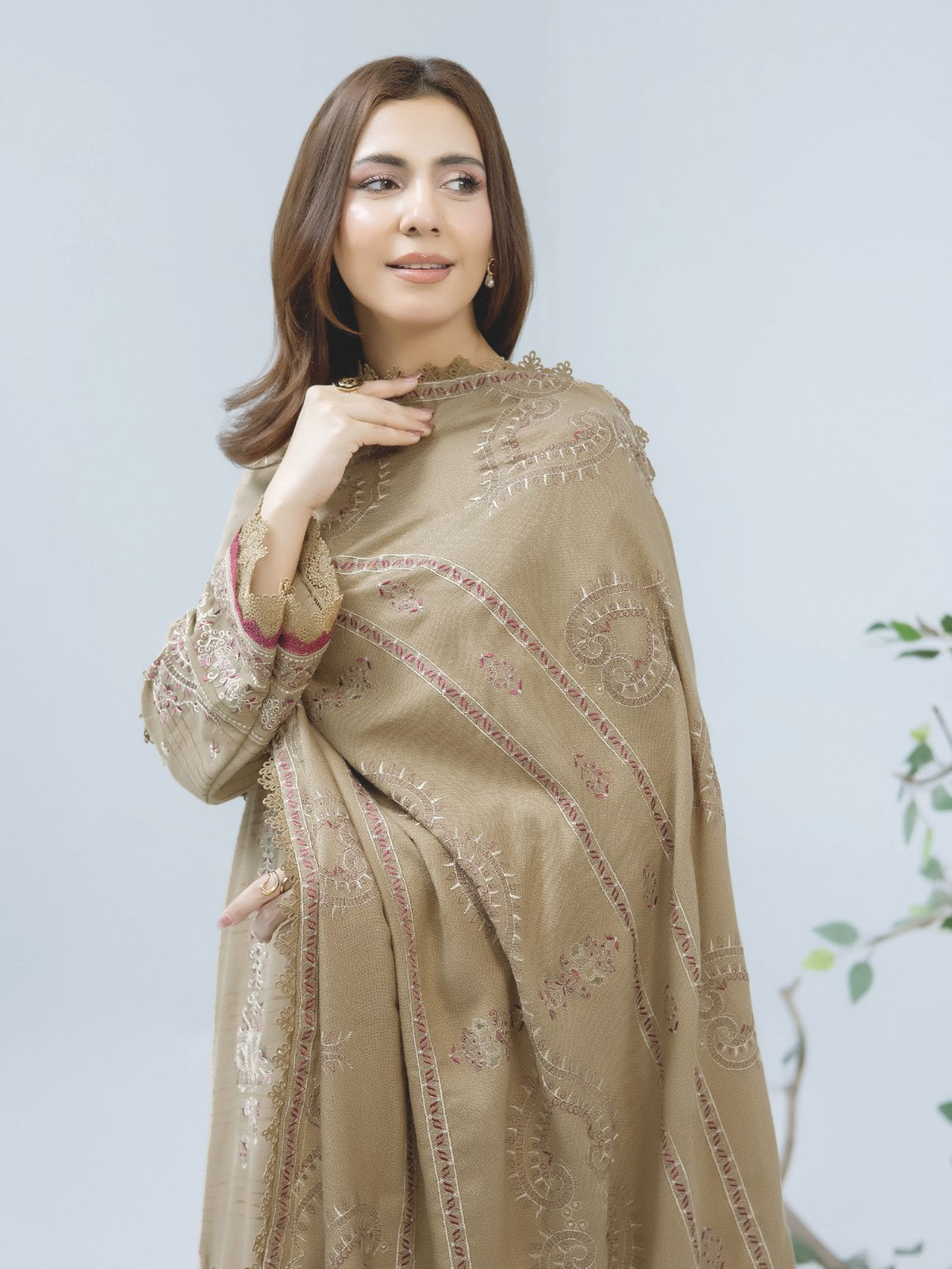 Traditional Embroidered Winter Suit with Matching Wool Shawl