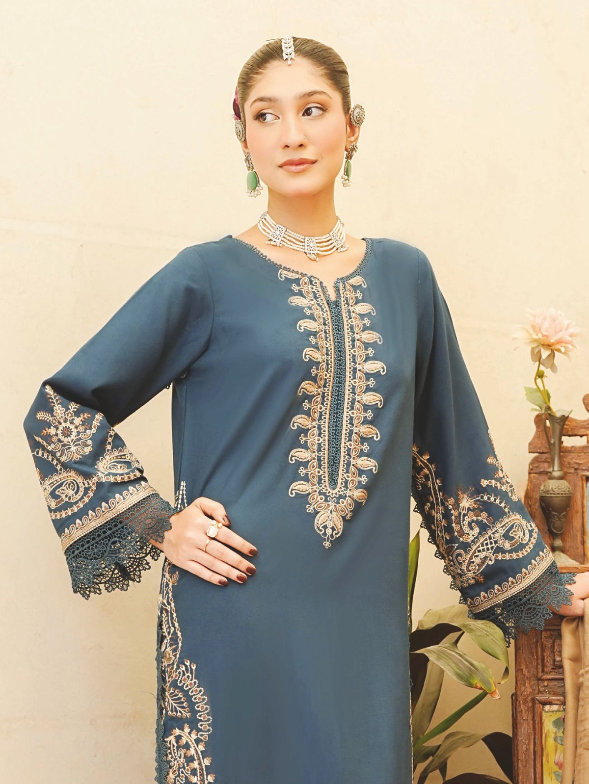 Elegant Embroidered Winter Collection with Jacquard Wool Shawl