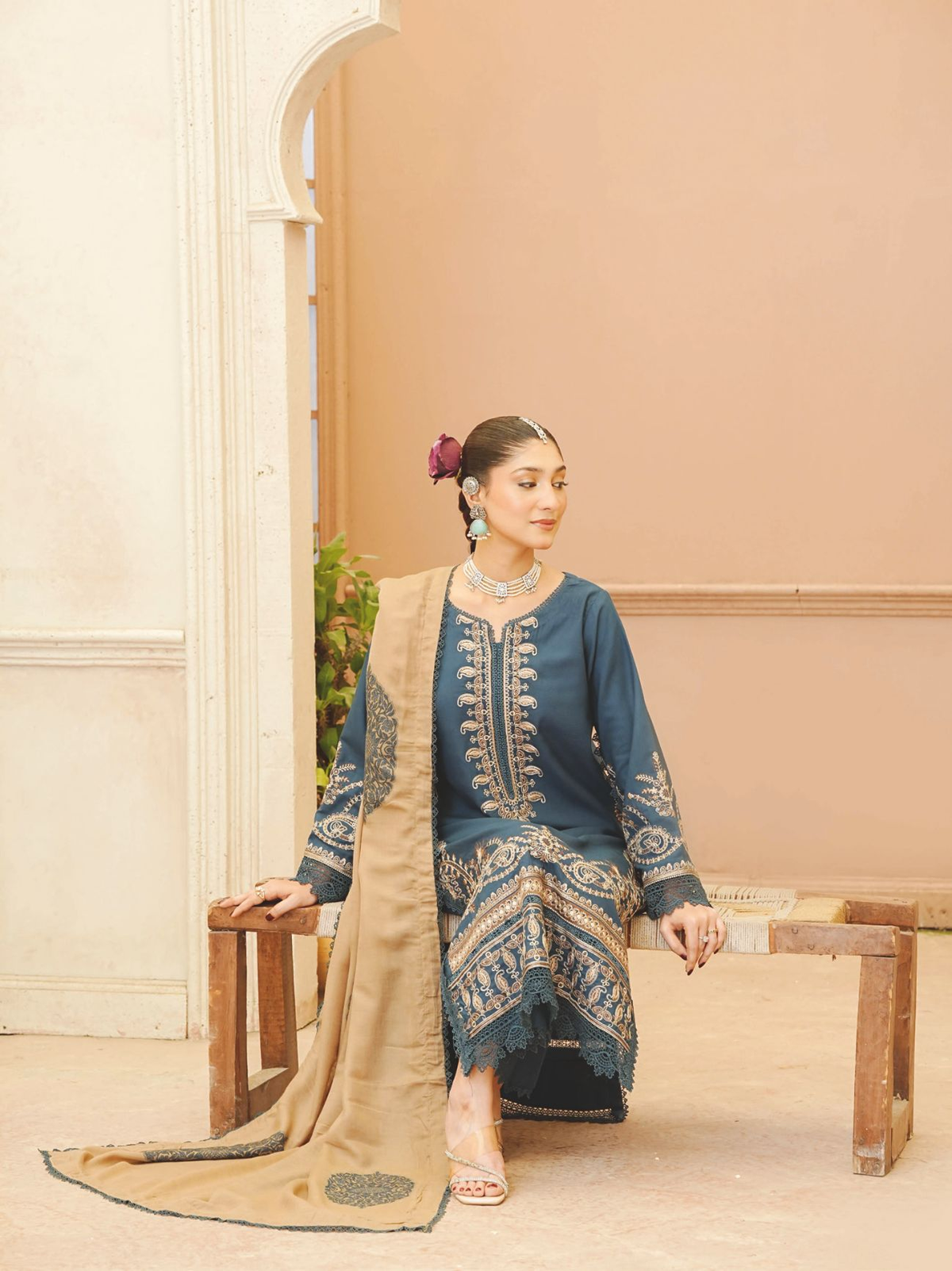Elegant Embroidered Winter Collection with Jacquard Wool Shawl