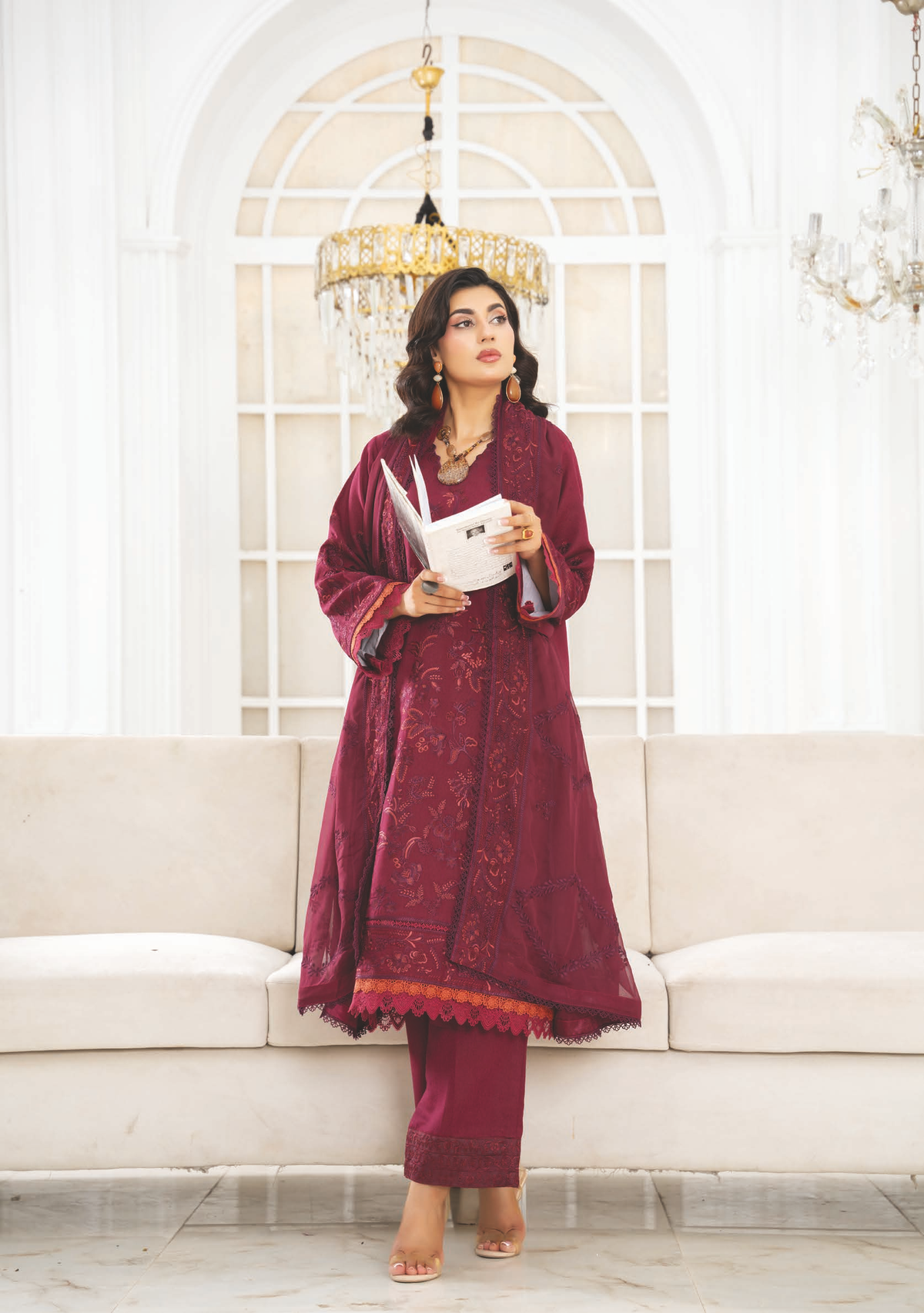 Embroidered Resham Karandi 3 Piece Suit with Chiffon Dupatta
