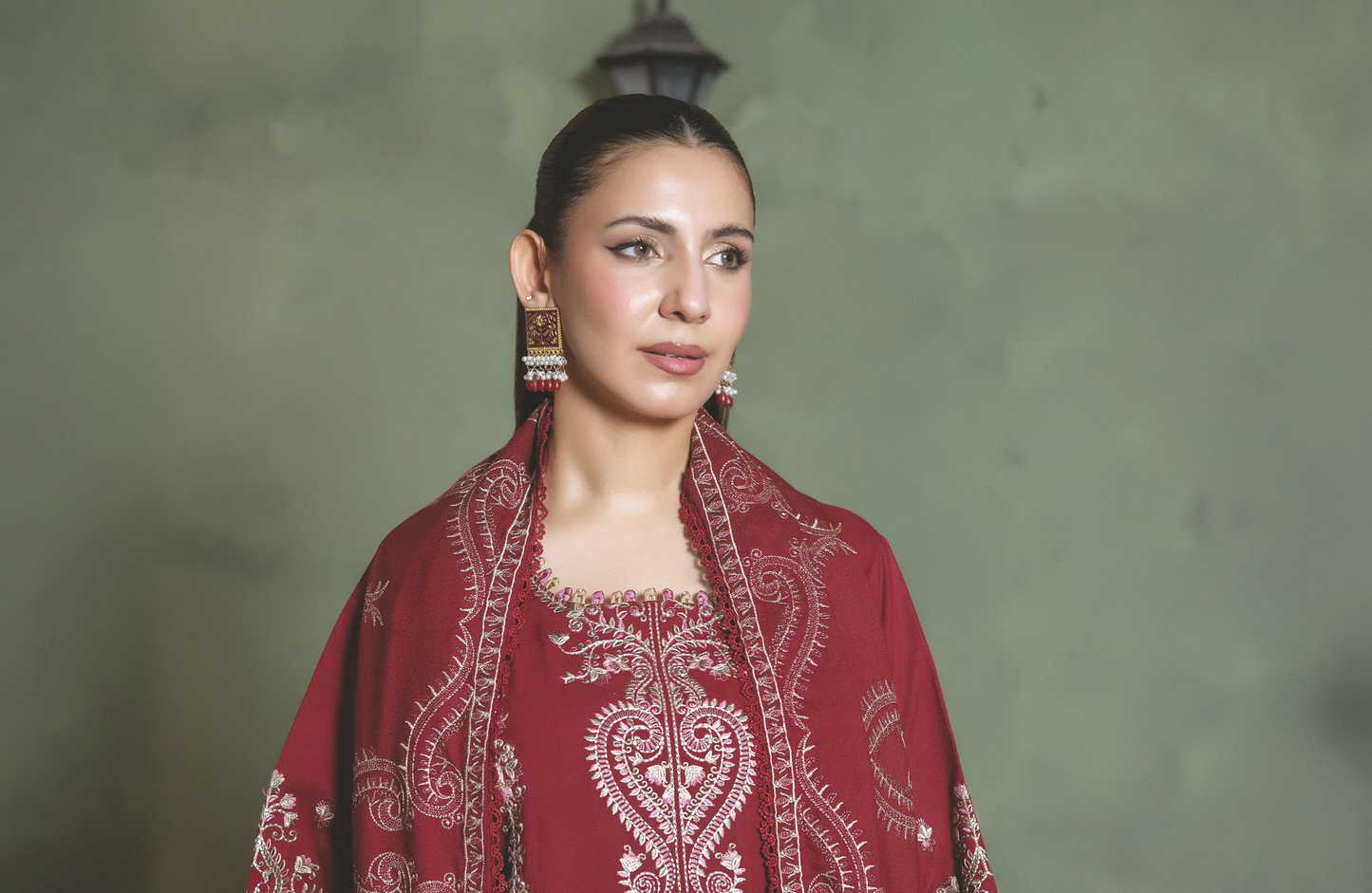 Elegant Embroidered Winter Suit with Shawl