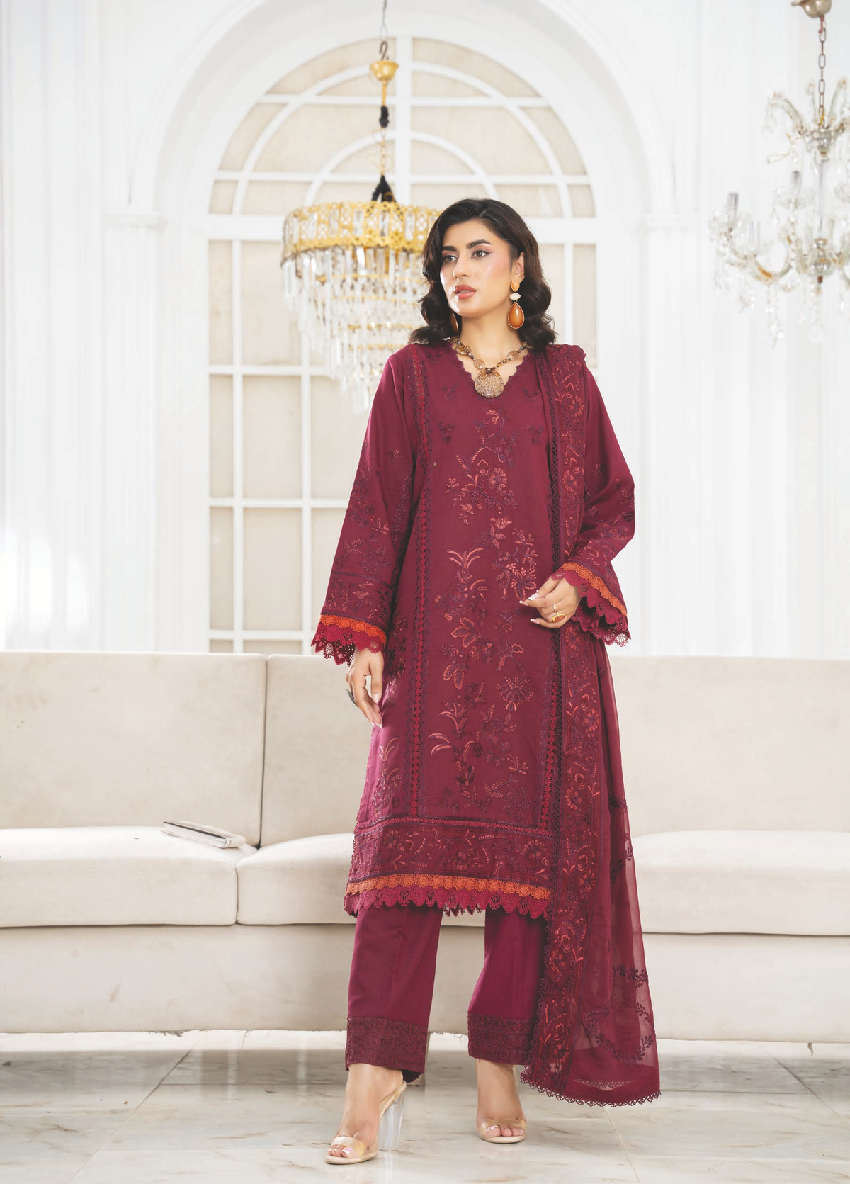 Embroidered Resham Karandi 3 Piece Suit with Chiffon Dupatta