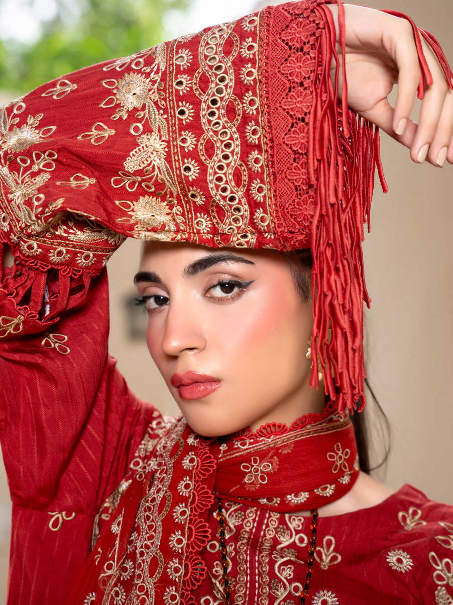 Red Embroidered Silk Viscose 3 Piece Suit with Bamber Chiffon Dupatta